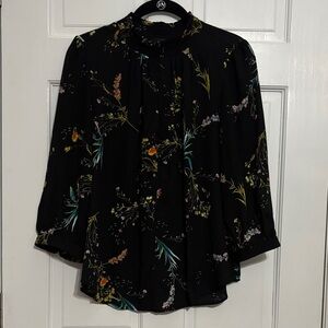 Worthington black with floral print - Ruffle Neck Hem 3/4 Length Sleeve Top
